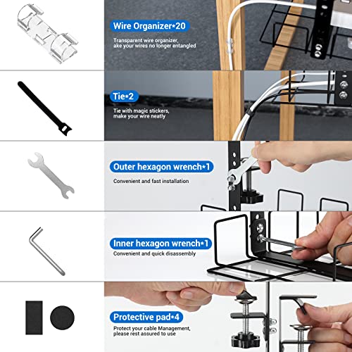 Under Desk Cable Management Tray - No Drill Clamp Mount Steel Cords Organizers - 15.7“ High Capacity Adjustable Removable Docking Station Wires Holder Rack - Home Office Kitchen Table Raceway -1pc