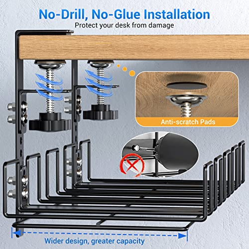 Under Desk Cable Management Tray - No Drill Clamp Mount Steel Cords Organizers - 15.7“ High Capacity Adjustable Removable Docking Station Wires Holder Rack - Home Office Kitchen Table Raceway -1pc