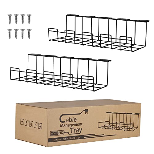 Under Desk Cable Management Tray 2 Packs, 16 inches Under Table Cord Organizer for Wire Management, Metal Wire Cable Mesh Holder for Desks, Offices and Kitchens (Black)