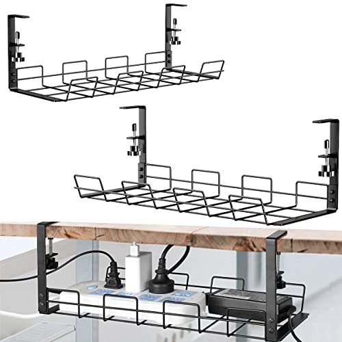 No Drill Under Desk Cable Management Tray, 2 Pack Desk Wire Management Cable Tray Sturdy Alloy Steel Wire Organizer Under Desk Basket for Office and Home Standing Desk