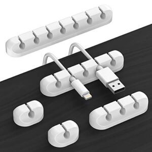 cord organizer cable management for desk - 5 packs white cable clips and cord keeper, the white self-adhesive cord holder for desk and wire holder are easy to apply and stops wire getting dirty