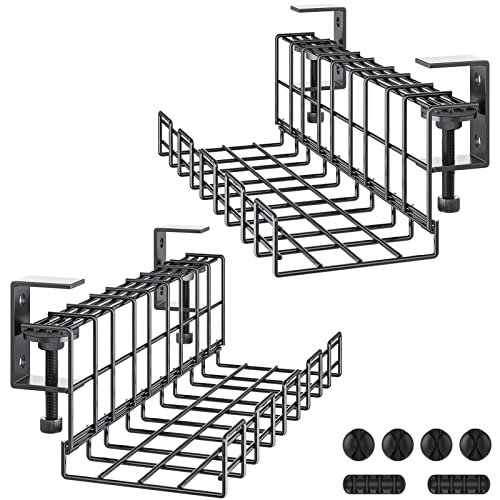 2 Packs Large Under Desk Cable Management Tray - Yecaye Clamps Install No Drill to Desk Cable Rack - No Damage to Tables - Desk Cord Organizer - Sturdy Metal Cable Management Tray for Office Home