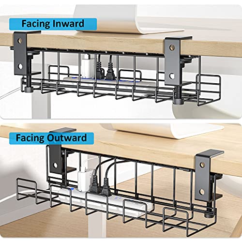 2 Packs Large Under Desk Cable Management Tray - Yecaye Clamps Install No Drill to Desk Cable Rack - No Damage to Tables - Desk Cord Organizer - Sturdy Metal Cable Management Tray for Office Home