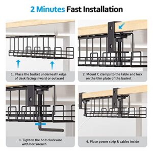 2 Packs Large Under Desk Cable Management Tray - Yecaye Clamps Install No Drill to Desk Cable Rack - No Damage to Tables - Desk Cord Organizer - Sturdy Metal Cable Management Tray for Office Home