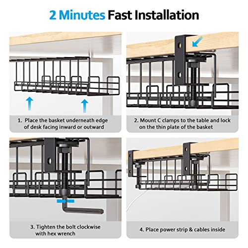 2 Packs Large Under Desk Cable Management Tray - Yecaye Clamps Install No Drill to Desk Cable Rack - No Damage to Tables - Desk Cord Organizer - Sturdy Metal Cable Management Tray for Office Home