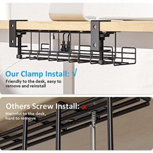 2 Packs Large Under Desk Cable Management Tray - Yecaye Clamps Install No Drill to Desk Cable Rack - No Damage to Tables - Desk Cord Organizer - Sturdy Metal Cable Management Tray for Office Home