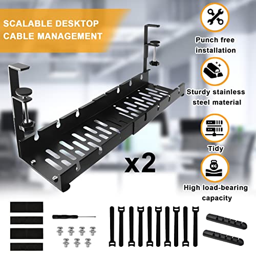 Under Desk Cable Management Tray, Adjustable Cord Organizer for Desk, Sturdy Wire Management Under Desk, Cable Organizer for Office and Home Standing Desk Retractable Design No Drills,Black