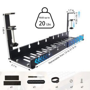 Under Desk Cable Management Tray, Adjustable Cord Organizer for Desk, Sturdy Wire Management Under Desk, Cable Organizer for Office and Home Standing Desk Retractable Design No Drills,Black