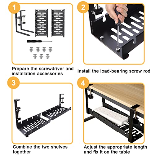 Under Desk Cable Management Tray, Adjustable Cord Organizer for Desk, Sturdy Wire Management Under Desk, Cable Organizer for Office and Home Standing Desk Retractable Design No Drills,Black