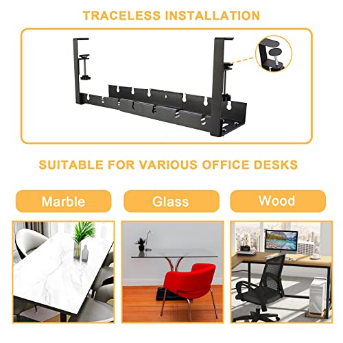 Under Desk Cable Management Tray, Adjustable Cord Organizer for Desk, Sturdy Wire Management Under Desk, Cable Organizer for Office and Home Standing Desk Retractable Design No Drills,Black