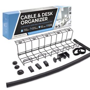 MANA'O Clamp-On Cable Management Tray Kit. Under Desk Storage Cord Organizer with Clamp! and Accessories - Cable Clips, Fastening Tape, Ties Straps and Wire Organizer Cover Braided Cable Sleeve