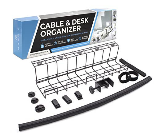 MANA'O Clamp-On Cable Management Tray Kit. Under Desk Storage Cord Organizer with Clamp! and Accessories - Cable Clips, Fastening Tape, Ties Straps and Wire Organizer Cover Braided Cable Sleeve