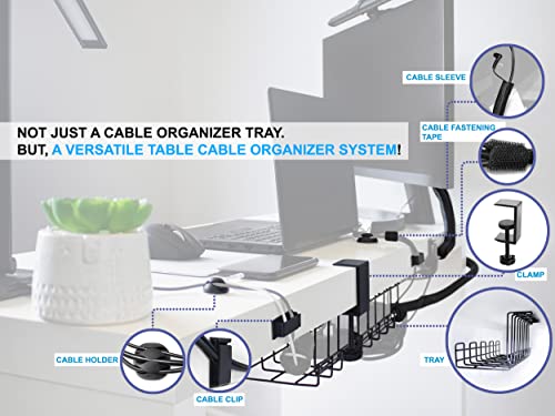 MANA'O Clamp-On Cable Management Tray Kit. Under Desk Storage Cord Organizer with Clamp! and Accessories - Cable Clips, Fastening Tape, Ties Straps and Wire Organizer Cover Braided Cable Sleeve