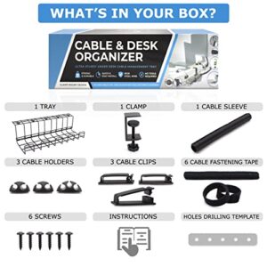 MANA'O Clamp-On Cable Management Tray Kit. Under Desk Storage Cord Organizer with Clamp! and Accessories - Cable Clips, Fastening Tape, Ties Straps and Wire Organizer Cover Braided Cable Sleeve