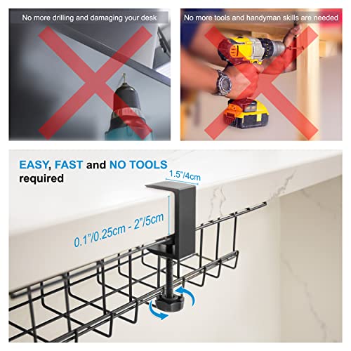 MANA'O Clamp-On Cable Management Tray Kit. Under Desk Storage Cord Organizer with Clamp! and Accessories - Cable Clips, Fastening Tape, Ties Straps and Wire Organizer Cover Braided Cable Sleeve