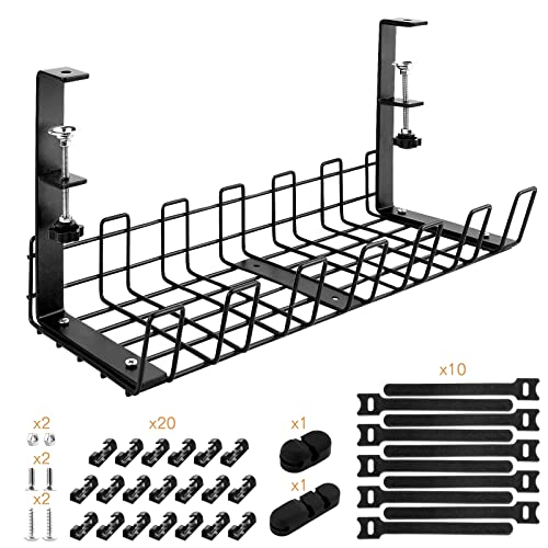 COSIFO Under Desk Cable Management Tray, Desk Cable Tray with 10 Extra Straps, 20 Wire Holder and 2 Cable Holder, Table Cords Organizer-Sturdy Metal Cable Tray Basket for Home Office Desk, 16inch