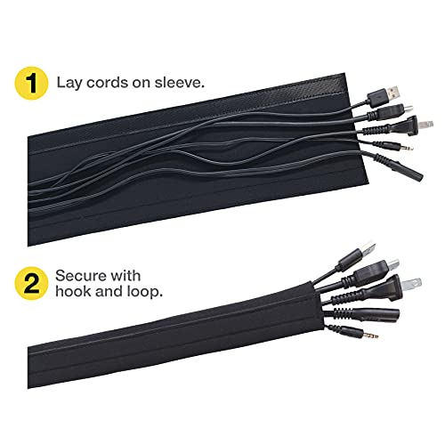 Hook and Loop Cable Sleeve by Wrap-It Storage - 48" x 4.5" (2-Pack) Black - Cut to Size Cord Organizer and Cable Protector for Desk, TV Cord Management to Hide and Cover Wire and Extension Cords