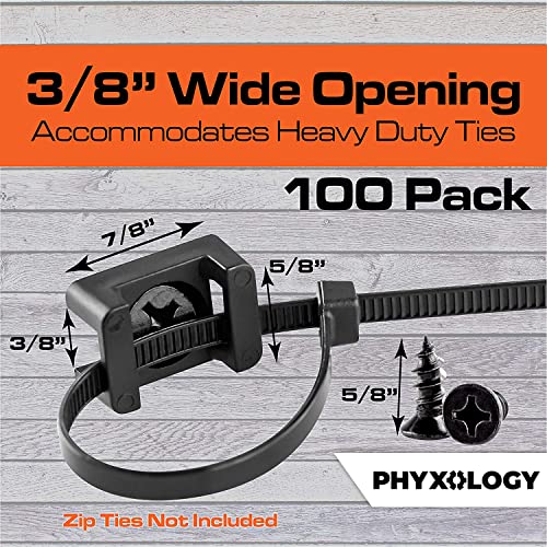 Pro-Grade, Slim, 1"x .6" Cable Tie Mounts With Screws 100 Pack. High Strength, Black Zip Tie Bases For Wire Management. Permanently Anchor To Wall, Desk or Baseboard. Run Cords at Your Home or Office