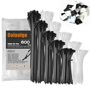 zip wire ties 600pcs small cable zip ties with cable mounts nylon zip cable ties assorted sizes 4+6+8+10+12 inch, self-locking tie wraps perfect for home garden trellis office garage workshop