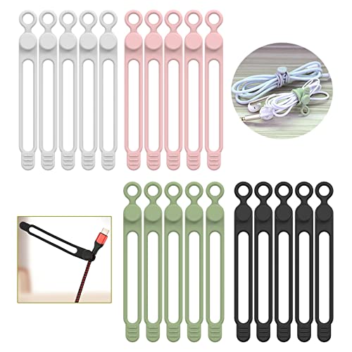 [20Park]UMUST Silicone Cable Ties,Reusable Cable Management Organizer,Cable Straps,Cord Ties,Multipurpose Elastic Cord Organizer for Bundling and Fastening Cable Cords Wires(black,white,pink,green)