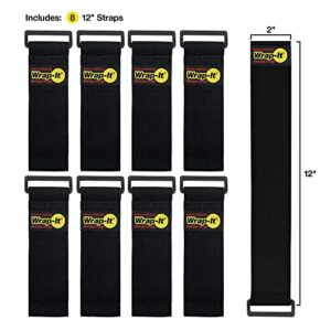 Wrap-It Storage Super-Stretch Straps, 12" (8 Pack) - Elastic Hook and Loop Cinch Straps - Reusable Extension Cord Organizer, Cable Ties, Hose Storage, Accessories Holder for Garage Organization