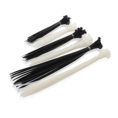 Cable Matters 200-Pack Indoor and Outdoor 6, 8,12-Inch Self-Locking Nylon Zip Ties Assorted Sizes (Tie Wraps, Cable Ties, Zipties) in Black and White