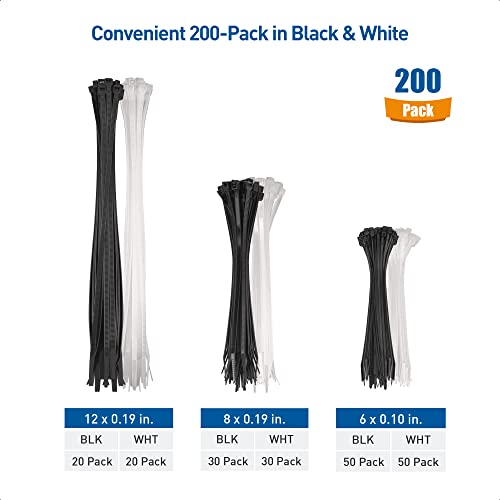 Cable Matters 200-Pack Indoor and Outdoor 6, 8,12-Inch Self-Locking Nylon Zip Ties Assorted Sizes (Tie Wraps, Cable Ties, Zipties) in Black and White