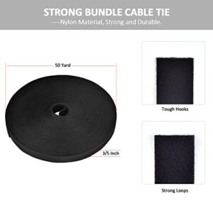 150ft*3/5in Cable Ties, Wire Cord Straps Management, Self-fastening, Wrap Anything, Cut to Any Length, Reusable, Sturdy, Double Side Nylon Hook and Loop, for Communication, Office, Home, Black