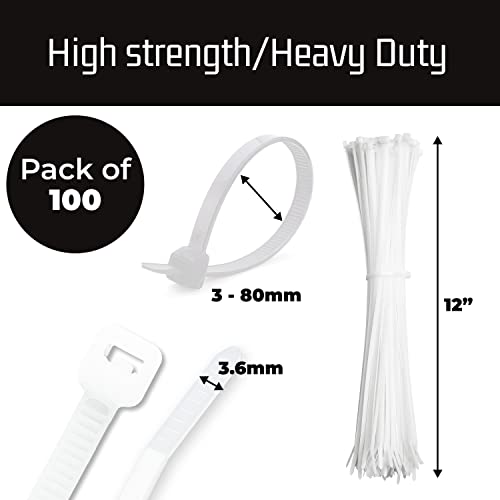 12" White Zip Cable Ties (100 Pack), 40lbs Tensile Strength - Heavy Duty, Self-Locking Premium Nylon Cable Wire Ties for Indoor and Outdoor by Bolt Dropper (White)