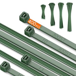 400pcs 4 Sizes Cable Zip Ties, Idemeet 12+10+8+4 Inch Heavy Duty PA66 Plastic Wire Ties, Premium Self-locking Nylon Cable Ties Decoration Tie Wraps for Gardening Fence Farming Grid Wall, Green