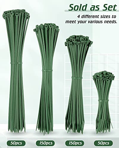 400pcs 4 Sizes Cable Zip Ties, Idemeet 12+10+8+4 Inch Heavy Duty PA66 Plastic Wire Ties, Premium Self-locking Nylon Cable Ties Decoration Tie Wraps for Gardening Fence Farming Grid Wall, Green