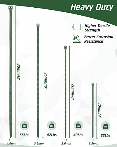400pcs 4 Sizes Cable Zip Ties, Idemeet 12+10+8+4 Inch Heavy Duty PA66 Plastic Wire Ties, Premium Self-locking Nylon Cable Ties Decoration Tie Wraps for Gardening Fence Farming Grid Wall, Green