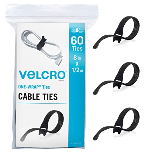 VELCRO Brand Heavy Duty Cable Ties Reusable | 60Pc Bulk Pack | 8 x 1/2" ONE-WRAP Straps, Black | Strong Wire Management | Cord Bundling for Home Office and Data Centers