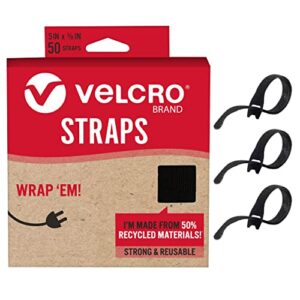velcro brand eco collection | 5 inch small straps for cords | reusable cable ties | 3/8" wide, black, 50 pack