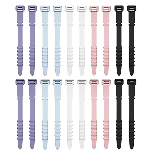 Silicone Zip Ties, Reusable Zip Ties, 20pcs Rubber Cable Ties Straps for Wire Management, Elastic Cable Organizer for Home Office Table Desk. 4.5” Cord Ties in White, Black, Pink, Purple and Blue