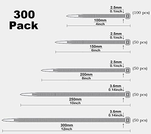 Oksdown 300pcs White Zip Ties Assorted Sizes 4/6/8/10/12 Inch Clear Plastic cable ties from Small to Large Heavy Duty Nylon tie Wraps Multi-Purpose Variety Wire Ties