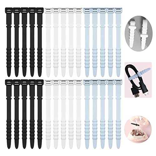 30PCS Reusable Cable Ties, UMUST Silicone Zip Ties,Cord Organizer,Silicone Cable Ties,Cord ties,Cable Straps,Wire Organizer Keeper for Bundling Phone Charging Cable,Wire (black,white,blue)