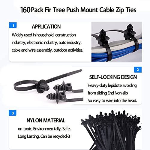 160Pcs Universal Nylon Push Mount Cable Zip Tie,Nylon Self Locking Cable Strap,Heavy Duty Nylon Push Mount Self Locking UV Resistant,5 Most Popular Sizes,for Indoor Wire Tying Construction Auto ect