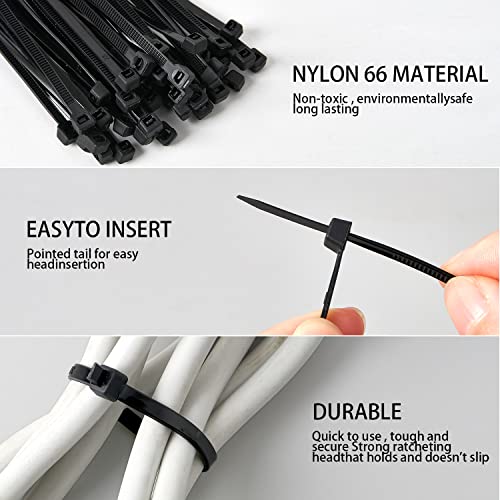 100pcs Cable Zip Ties Heavy Duty 12 Inch, Premium Plastic Wire Ties with 50 Pounds Tensile Strength, Self-Locking White Nylon Zip Ties for Home, Office, Garage and Workshop (Black)