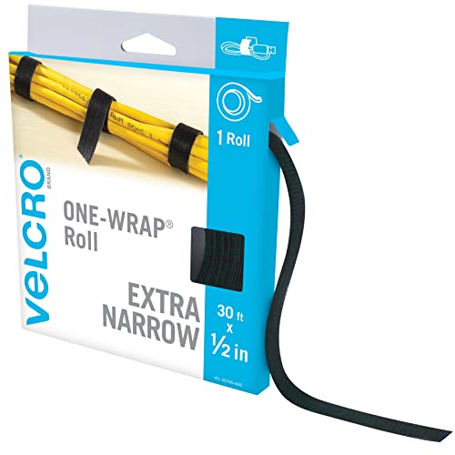 VELCRO Brand VEL-30765-AMS Extra Narrow Straps 1/2 in x 30ft Roll | Cut to Length Reusable Self-Gripping Tape | Organize and Bundle Electric Cords, Ropes, Cable Management Solutions, Wire Ties | Black