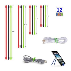 silicone twist ties, silicone cable ties,12pcs steel-core rubber twist tie, reusable twist ties for cords wire, cable tie straps organizer. 3 4 6 and 8 inches
