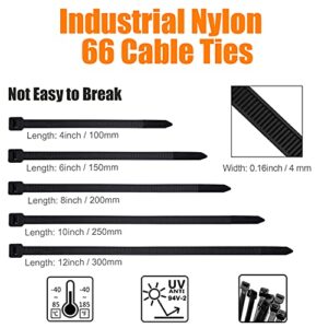 Black Zip Ties Assorted Sizes 700 Pack 4/6/8/10/12 0.16 Inch Width Inch Cable Ties, Zip Ties 40Lbs Light Duty Nylon Plastic Ties Self-Locking Black Small Zip Tie Wraps for Home, Office and Workshop