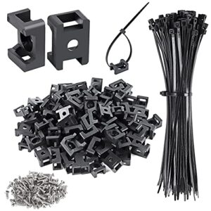 xhf 100 pcs cable zip tie saddle type mounts base with 100 pcs 8" cable ties and 100 pcs tapping screw, wire cable clips organizer holders clamps black