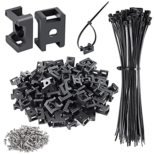 XHF 100 Pcs Cable Zip Tie Saddle Type Mounts Base with 100 Pcs 8" Cable Ties and 100 Pcs Tapping Screw, Wire Cable Clips Organizer Holders Clamps Black