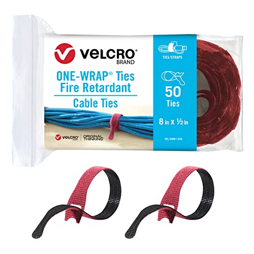 VELCRO Brand Fire Retardant Cable Ties | 50pk ONE-WRAP FR Cable Straps for Contractors, Installers or Home Use | 8 Inch PreCut Cable Management Ties | Cranberry