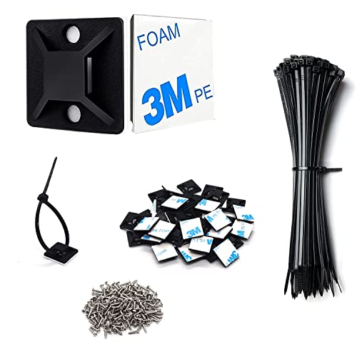 Strong Back-Glue Self Adhesive Cable Zip Tie Mounts Kit - 100 Set Cable Management Clips with 6" Zip Ties, Wire Holders and Screws - Outdoor Sticky Wire Organizer Clips-Black