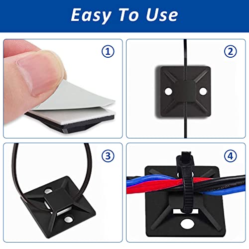 Strong Back-Glue Self Adhesive Cable Zip Tie Mounts Kit - 100 Set Cable Management Clips with 6" Zip Ties, Wire Holders and Screws - Outdoor Sticky Wire Organizer Clips-Black