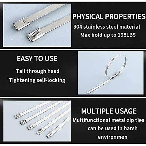 Metal Zip Ties 11.8 inch 100pcs 304Stainless steel Heavy duty Multi-purpose Self-locking Cable Ties Suitable for in machinery, vehicles, farms, pipes, roofs,cables, as well as Outdoor binding