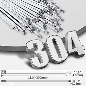 Metal Zip Ties 11.8 inch 100pcs 304Stainless steel Heavy duty Multi-purpose Self-locking Cable Ties Suitable for in machinery, vehicles, farms, pipes, roofs,cables, as well as Outdoor binding