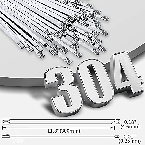 Metal Zip Ties 11.8 inch 100pcs 304Stainless steel Heavy duty Multi-purpose Self-locking Cable Ties Suitable for in machinery, vehicles, farms, pipes, roofs,cables, as well as Outdoor binding